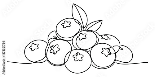 Continuous line art blueberry set featuring a pile of berries and leaves for healthy food concepts