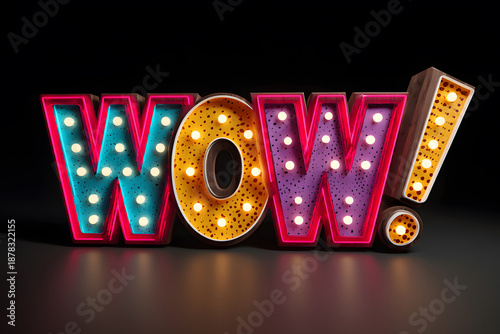 Colorful illuminated letters spell out wow on a dark background, showcasing a fun and vibrant design