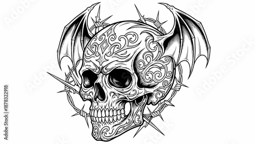 skull with bat wings and thorns tattoo design
