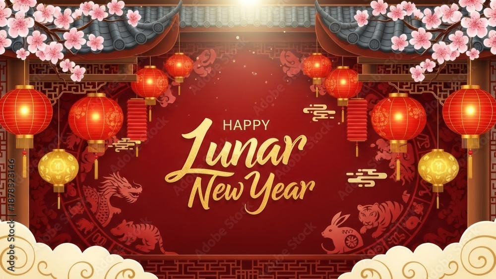 Naklejka premium Chinese New Year decorations with red lanterns and dragon patterns on a red background.