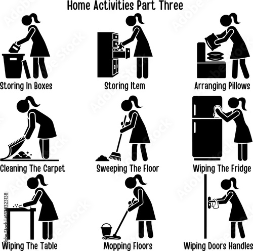 Woman Doing Domestic Tasks Mopping Sweeping and Wiping Surfaces Illustration