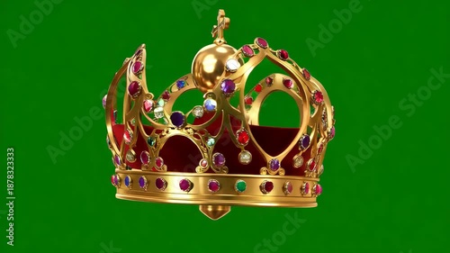 Golden Crown Spinning and Rotating on Green Screen Background Isolated Royal Motion Animation