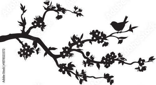 Black silhouette of a bird on a flowering branch flowers