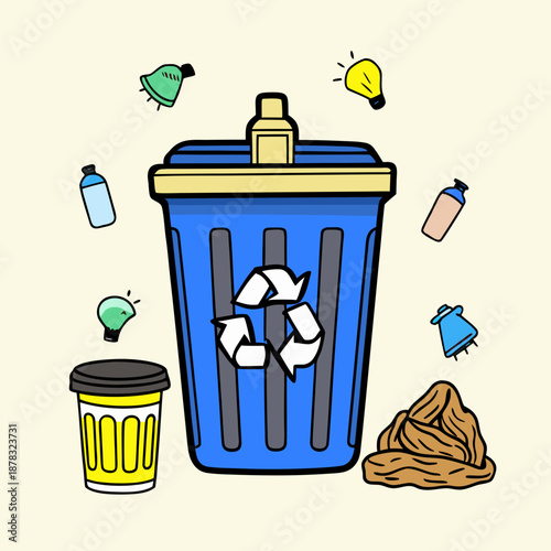 Recycling bin with various waste items