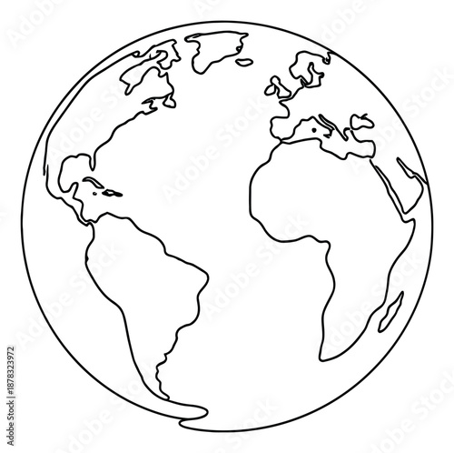 Hand drawn line art illustration of Earth globe depicting continents for global education and environmental concepts