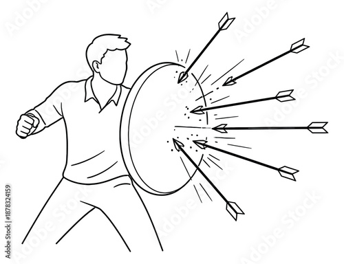 Line art illustration of a man with a shield depicting blocking arrows for business protection