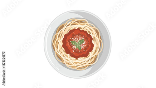 Top-down vector illustration of a plate of delicious spaghetti with rich tomato sauce, garnished with fresh basil leaves and grated parmesan cheese on white.