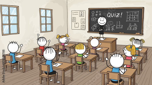Cartoon Stick Figures in a Classroom with Teacher and Quiz on Blackboard