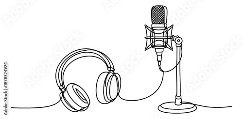 Line art illustration of a studio microphone and headphones depicting modern audio recording equipment for podcasting