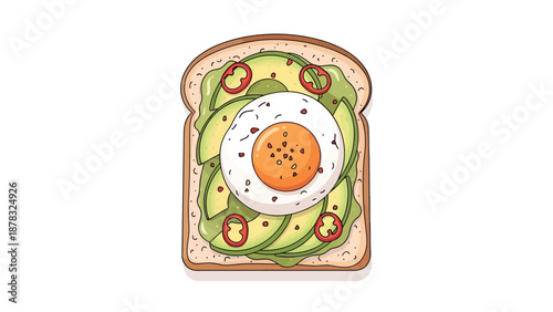 Delicious Healthy Avocado Toast Illustration Featuring a Fried Egg and Red Chili Slices on White Background. Minimalist Vector Art for Breakfast Brunch Menus.