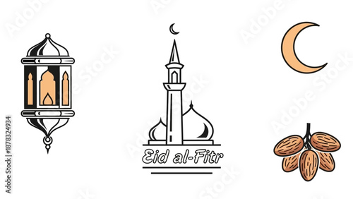 Eid al-Fitr Icons: Mosque, Lantern, Dates, Crescent Moon