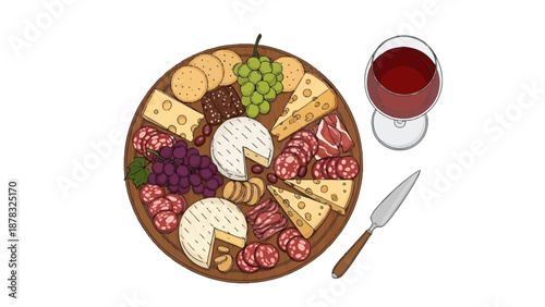 Illustration of a gourmet charcuterie board with brie, swiss cheese, salami, prosciutto, crackers, green and purple grapes, red wine glass and knife on white.