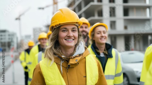 Construction crew wearing hard hats and reflective vests at building site