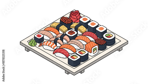 Isometric Illustration of a Sushi Platter with Nigiri Maki and Sashimi on a Wooden Tray Featuring Salmon Tuna Shrimp Roe Ginger and Wasabi on White Background