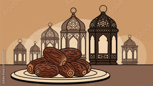 A pile of sweet dried dates fruits sits on a plate with traditional Islamic lanterns silhouette background for Ramadan Iftar fasting concept
