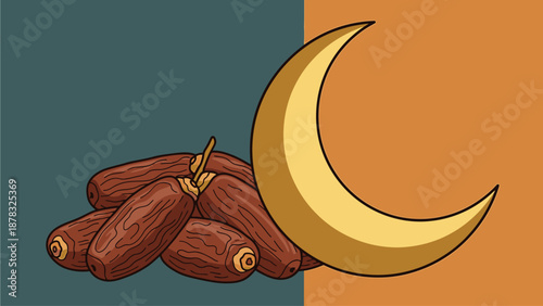 A detailed illustration of sweet dried dates and a large golden crescent moon are arranged on a two-tone teal and orange background for Islamic Ramadan Iftar and Eid Mubarak greeting concept