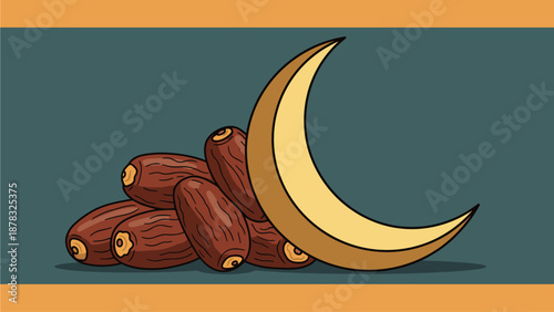 Sweet dates fruit and a crescent moon illustration are placed on a blue and orange horizontal striped background for Ramadan Iftar website banner or header design