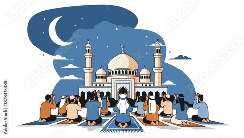 A large congregation of Muslim men sit and pray together on prayer mats in front of a mosque illustration for Ramadan Tarawih or Eid celebration