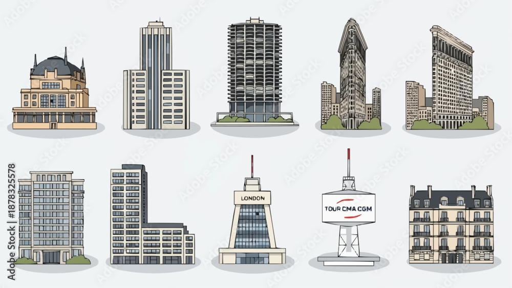 Fototapeta premium Collection of Diverse Architectural Building Styles and Designs.