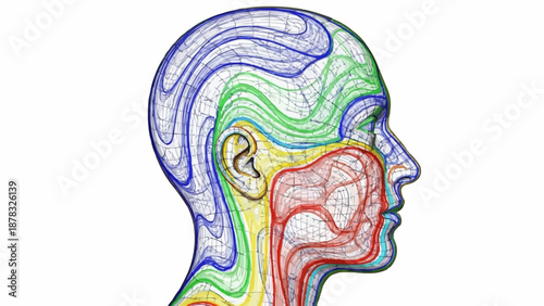 Abstract human head profile with colorful swirling lines representing brain activity or thought.