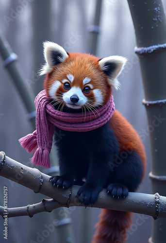 close up of a red panda on a frost covered tree branch, winter animal concept with a miniature scarf, bamboo forest