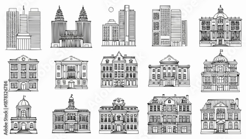 Collection of architectural building illustrations in sketch style.