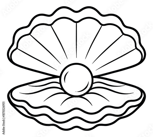 Line art illustration of an open oyster shell depicting a pearl for sea life themes