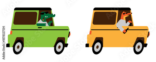 Cartoon crocodile and fox driving cars with sunglasses, playful and humorous animal characters.