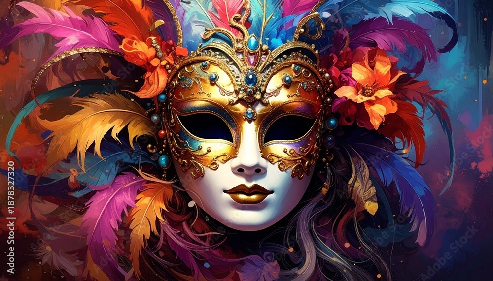 custom made wallpaper toronto digitalIntricate Venetian Mask with Colorful Feathers and Ornate Details, Carnival Celebration.