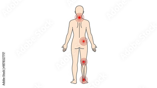 A vector graphic illustration of a human body with highlighted pain areas