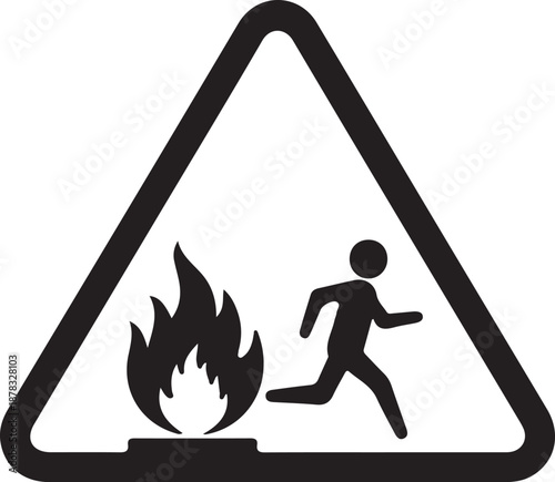 Fire warning sign with running person icon on transparent background