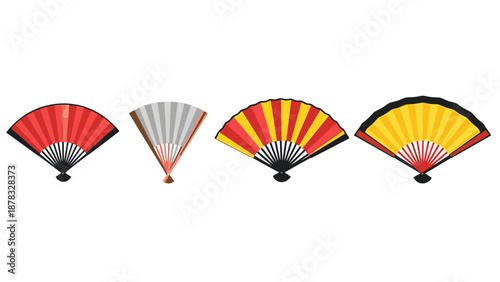 Collection of colorful hand fans arranged in a row on a neutral background from a front viewpoint