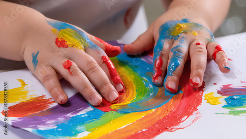 Close up of toddler hands finger painting with bright primary colors on paper