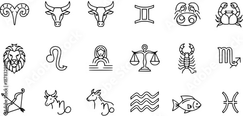 Zodiac Symbols Icons Set Black Outline
