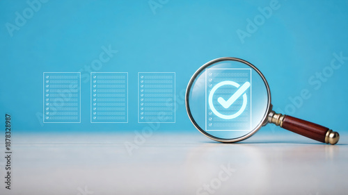 Vászonkép Magnifying glass inspecting digital verification checkmark icons representing do
