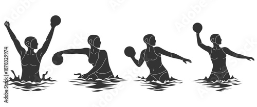 Set cartoon silhouette female engaging water polo and aquatic sport activity. Bundle women playing water polo with various gesture and motion. Flat vector illustrations water sport athlete.
