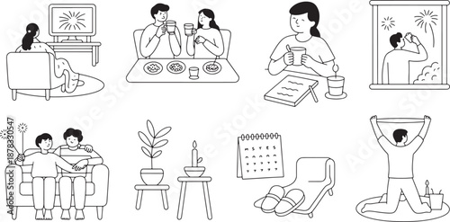 New year home celebration, enjoying warm drinks, festive gathering, peaceful reflection, digital art