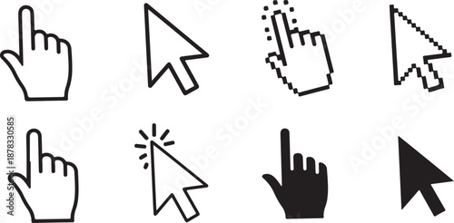 Black and white computer mouse cursor with hand pointers