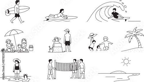 Outline icons set of summer beach activities surfing swimming sunbathing and volleyball