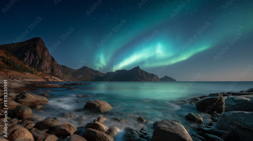 Naklejka premium Night landscape with aurora lights