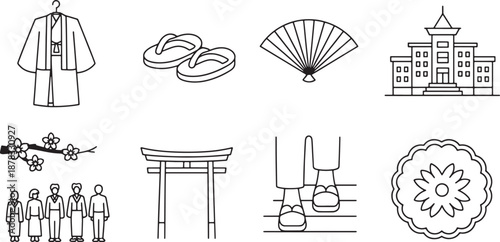 Set of black and white line art icons depicting traditional Japanese culture and architectural elements
