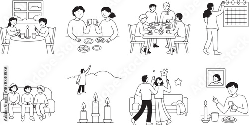 Set of black and white line art illustrations depicting various moments of family life and relationships