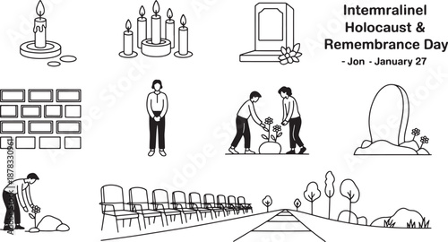 Set of international holocaust and remembrance day outline icons symbols on january 27