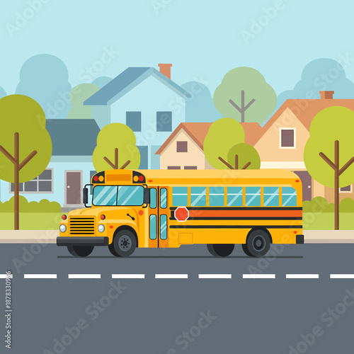A yellow school bus driving down a residential street in a suburban neighborhood with houses and trees