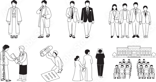 Wedding ceremonies and traditional Japanese formal attire for men and women line art