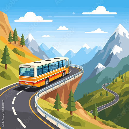 A bus navigates a winding mountain road with a scenic landscape
