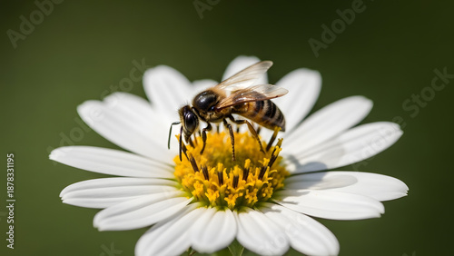 Honey bee collecting pollen from a white daisy flower