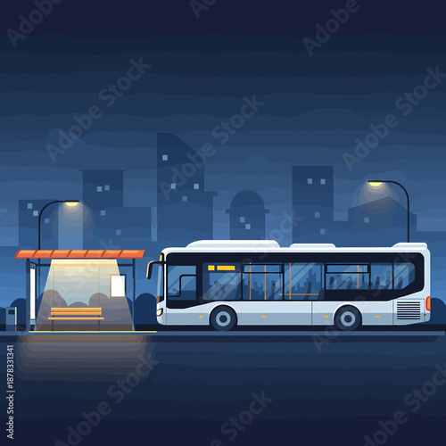 City Bus Station at Dusk with Bus Waiting at Terminal under Streetlights