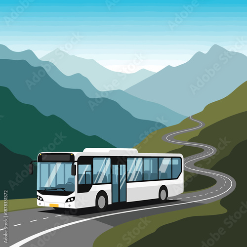 White bus driving on winding mountain road through green hills under clear blue sky