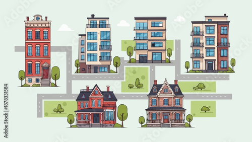 Diverse Residential Buildings on City Streets.
